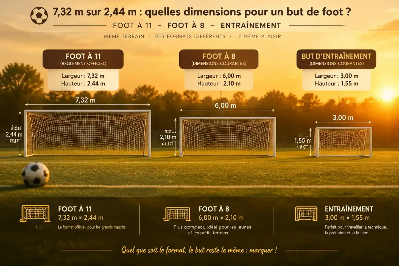 7,32 m sur 2,44 m : quelles dimensions pour un but de foot à 11, à 8 et à l’entraînement ?
