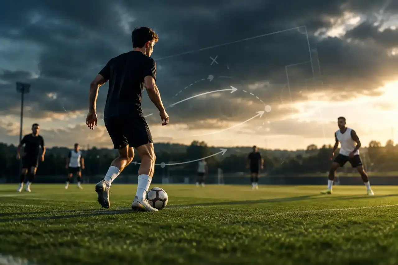 Joueur de football professionnel orientant son corps avant de recevoir le ballon sur un terrain d'entraînement