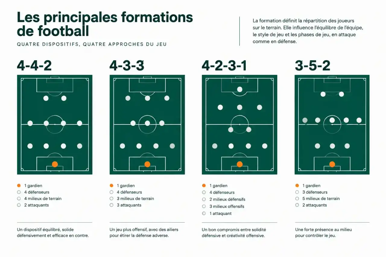 Schémas des formations pour une composition d'équipe de football : 4-4-2, 4-3-3, 4-2-3-1 et 3-5-2 sur terrain