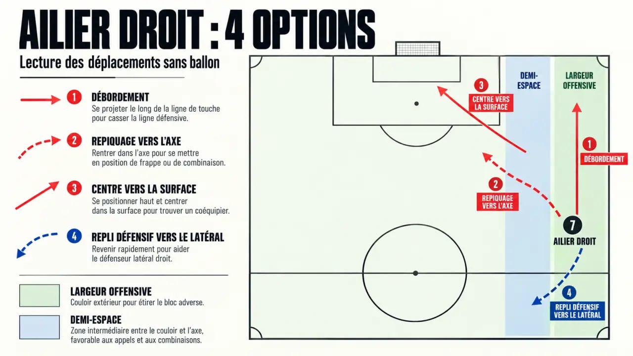 Schéma tactique illustrant le rôle d’un ailier football, du débordement au repli défensif