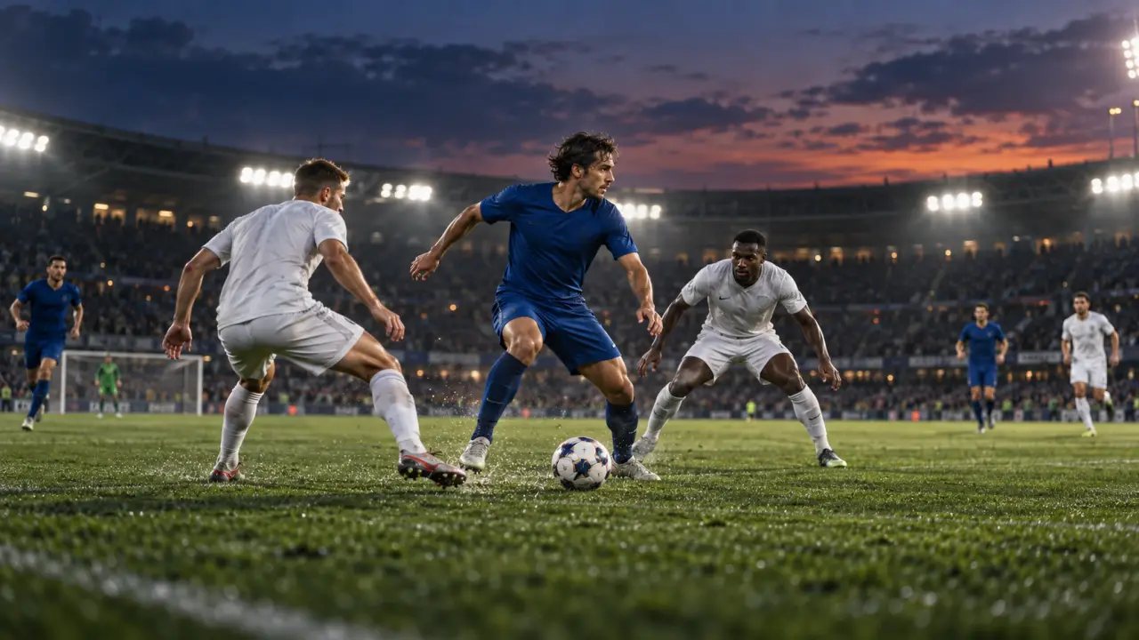 Milieu de terrain observant le jeu avant de choisir entre une passe longue et une conduite
