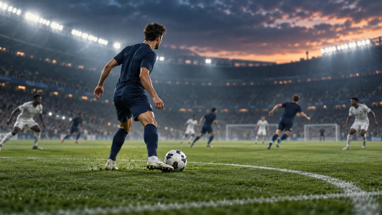 Milieu de terrain observant le jeu avant de réaliser une passe longue