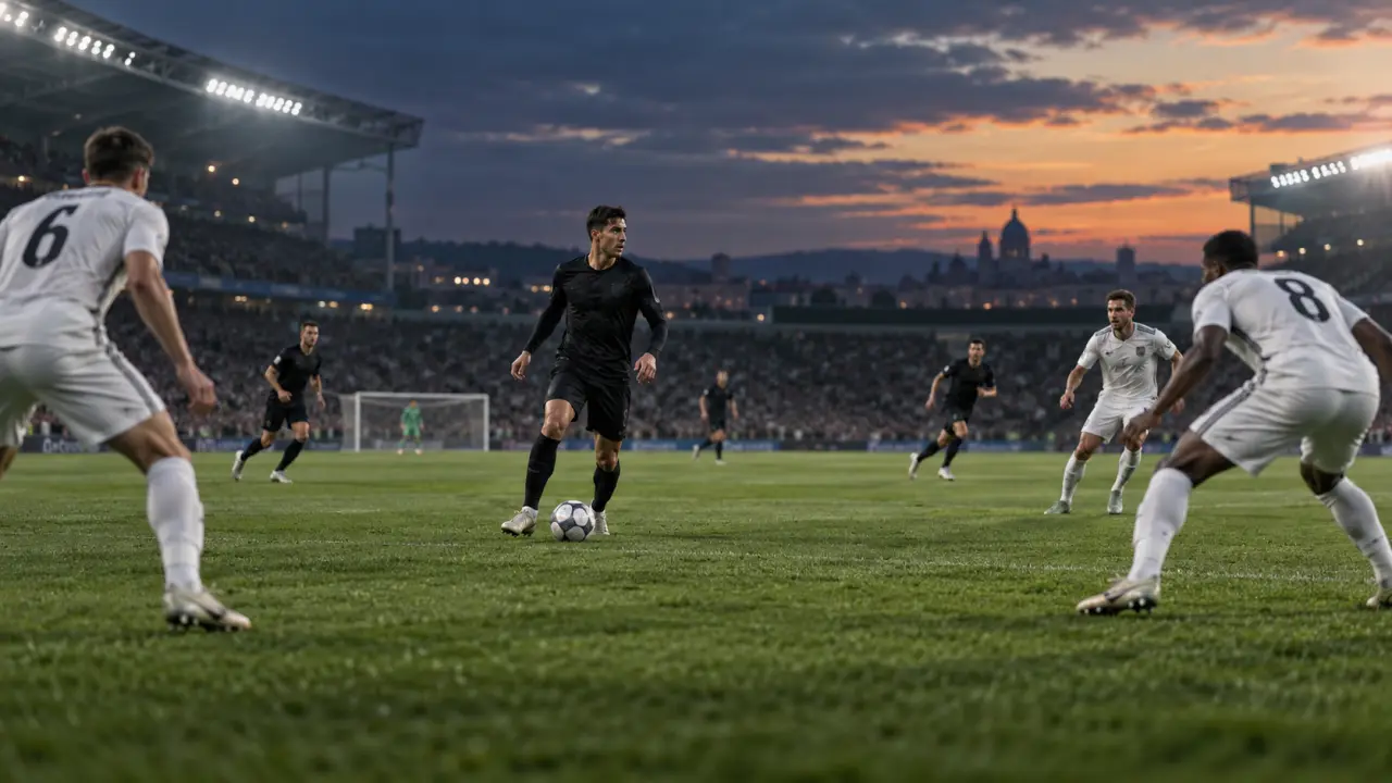Milieu de terrain préparant une passe longue sous les projecteurs d'un stade