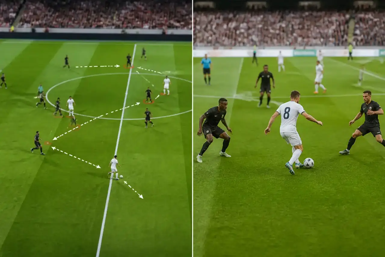 Milieu de terrain dos au jeu sous les projecteurs, prêt à jouer en une touche