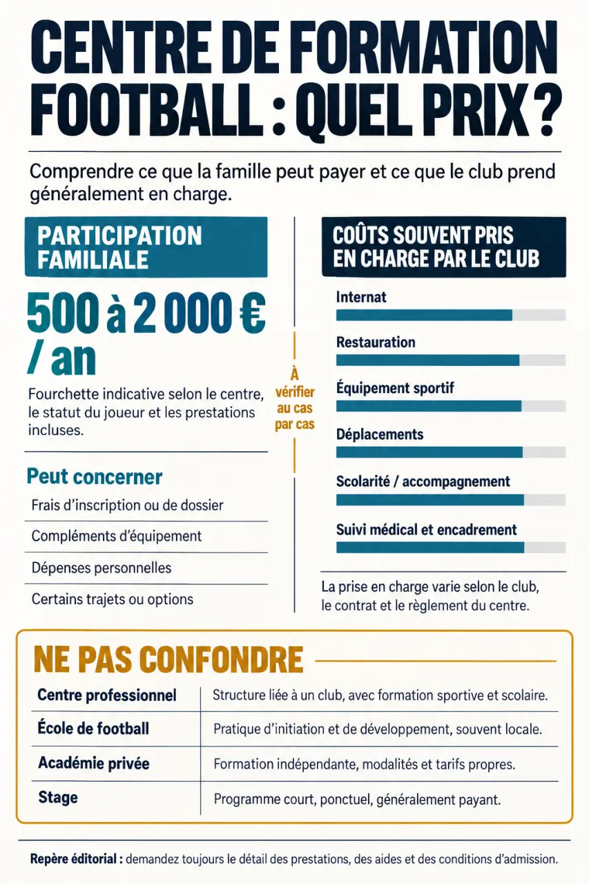 Infographie sur le centre de formation football prix et la répartition des frais entre la famille et le club