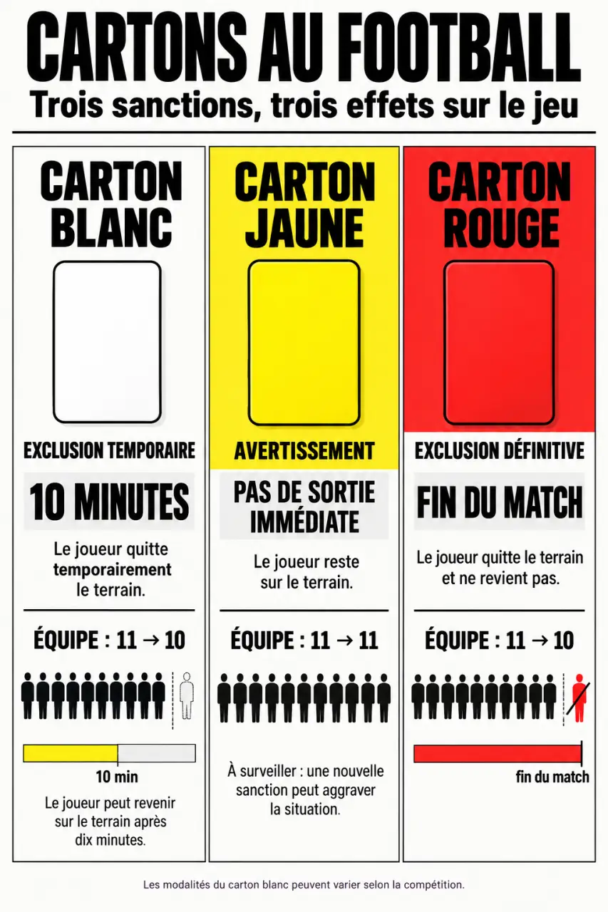 Infographie comparative du carton blanc football avec les cartons jaune et rouge