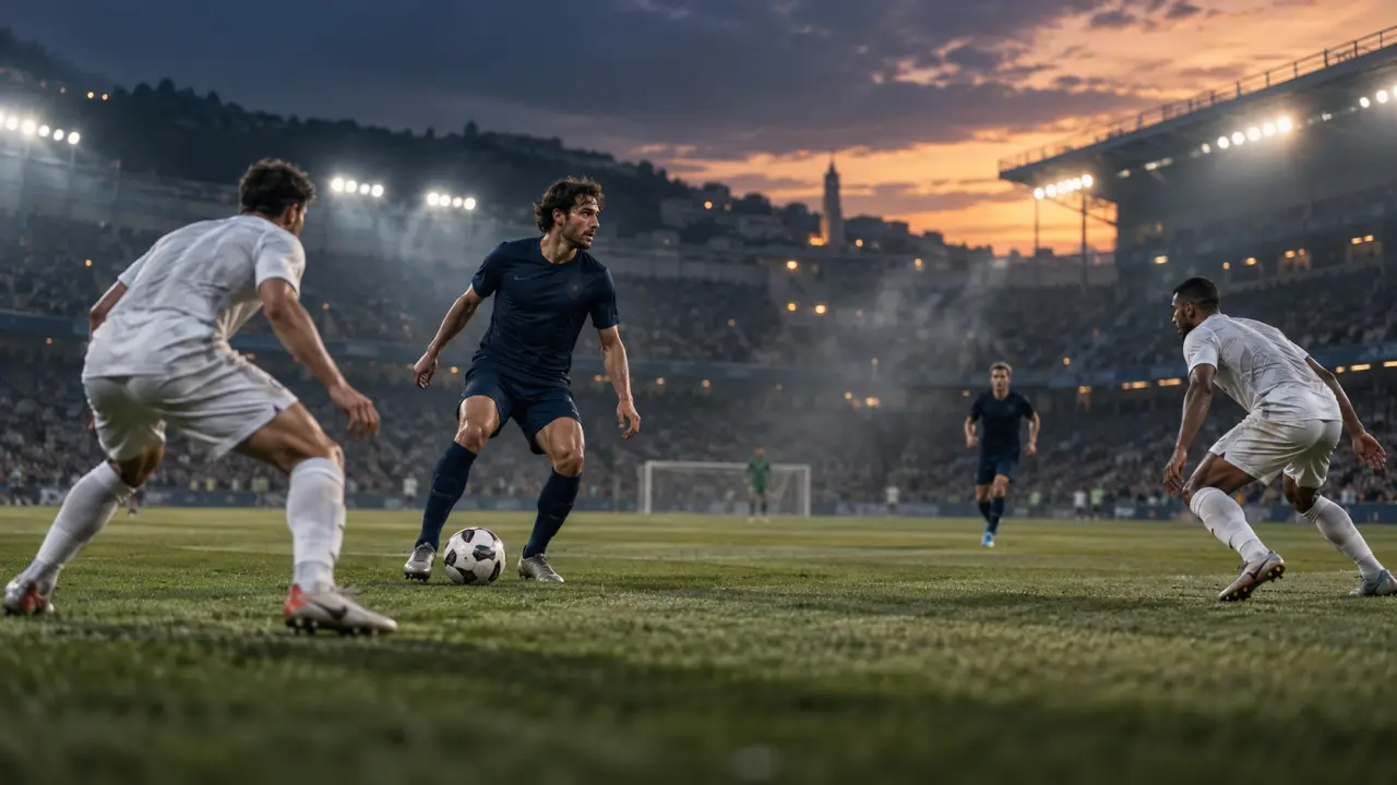Milieu de terrain observant le jeu avant de choisir entre une passe courte et une passe longue