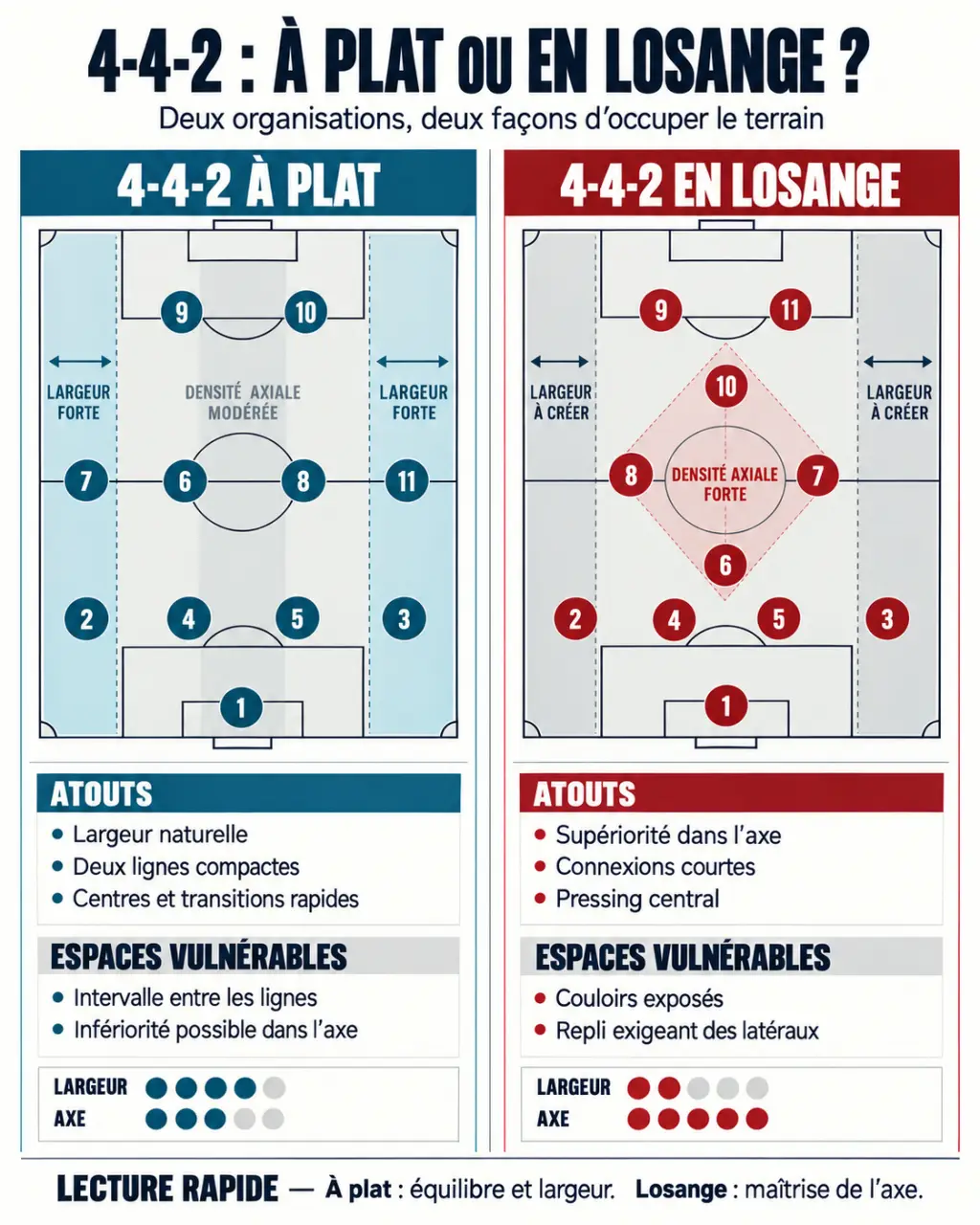 Infographie comparative du 4-4-2 à plat et du 4-4-2 en losange au football