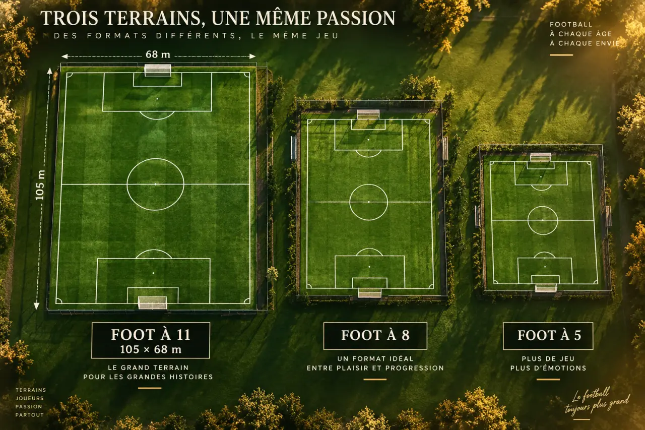 Un terrain de foot mesure 105 × 68 m à 11, avec des formats réduits à 8 et à 5