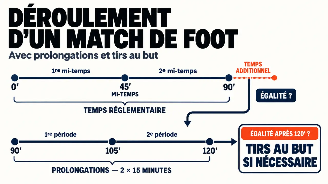 Frise explicative du foot prolongations, de la 90e à la 120e minute puis aux tirs au but