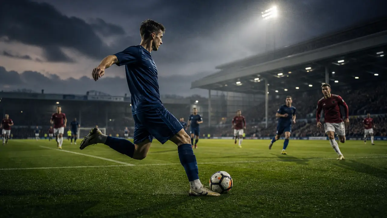Joueur de football de dos sous les projecteurs prêt à jouer une passe longue transversale